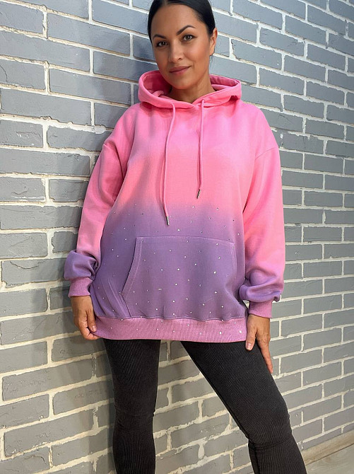 Худі жіноче Joy One 3009 з капюшоном подовжене оверсайз градієнт кольору розсип камінців one size рожевий, рожевий, one size Київ - фото 11