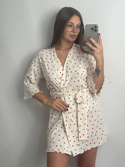Домашний халат из трикотажа бамбук Красные сердца XL/2XL Харьков - изображение 1