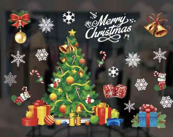 Новорічні наклейки на скло "Ялинка з подарунками" - розмір наклейки 35*50см, силікон Київ