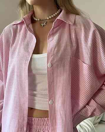 Женский стильный повседневный костм двойка лен- коттон полоска Розовый, 46/48 Одесса