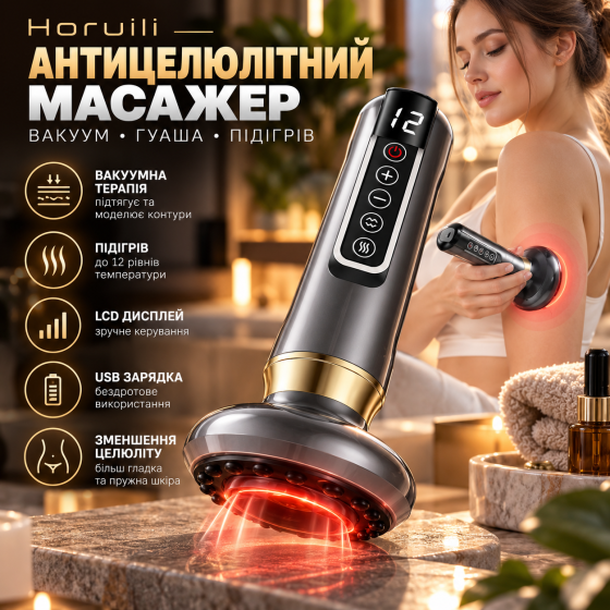 Електричний антицелюлітний масажер Horuili Gua Sha з вакуумною чашею, підігрівом, LCD, USB, сірий Київ