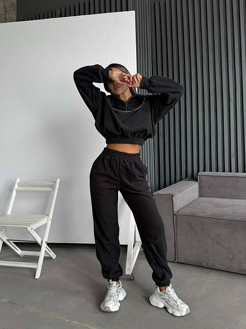 Женский теплый прогулочный костюм двойка: кофта и брюки из двухстороннего флиса Графит, 48/50 Одесса - изображение 1