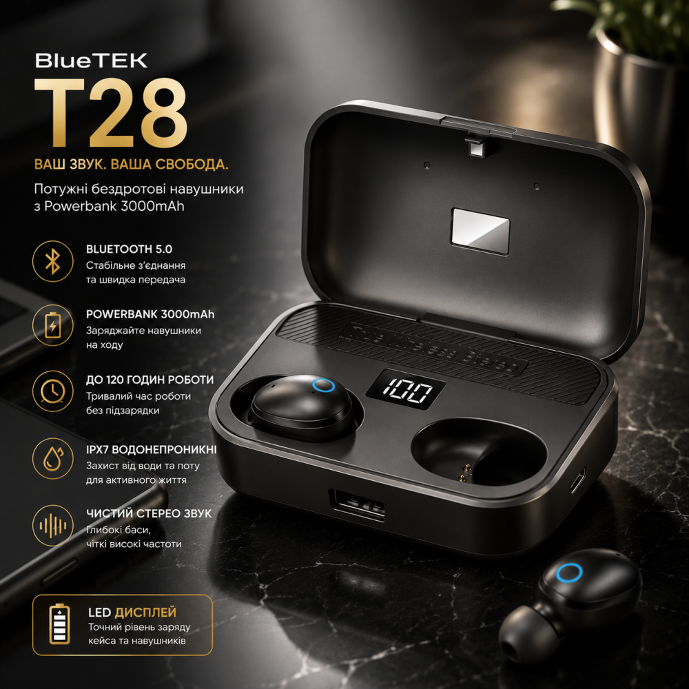 Бездротові навушники BlueTEK T28 TWS Bluetooth 5.0, Powerbank 3000мАг, IPX7 Водонепроникні, 120 годин роботи, Чорні Київ - фото 9