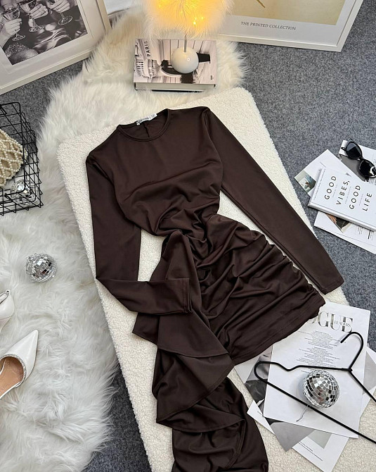 Жіноча святкова сукня міні зі шлейфом мікродайвінг Шоколадний, 42/44 Одеса - фото 1