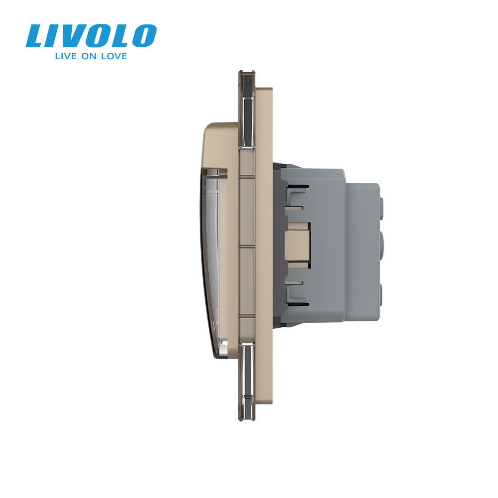 Сенсорний вимикач + подвійна розетка вологозахисна з кришкою IP44, з заземленням, золота скляна рамка, шторки, LIVOLO (VL-C701/C7C2EUWF-13) Коломыя - изображение 5