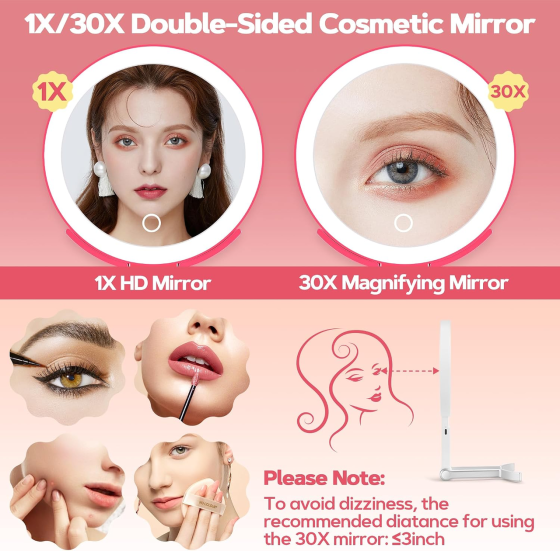 Дзеркало для макіяжу B Beauty Planet 30X/1X, 56 LED, 3 режими світла, акумулятор 1500 мАг, Type-C, складне, біле Київ