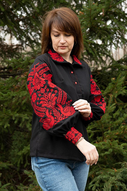 Вышиванка женская, льняная, черная, с длинным рукавом, топ Киев - изображение 2