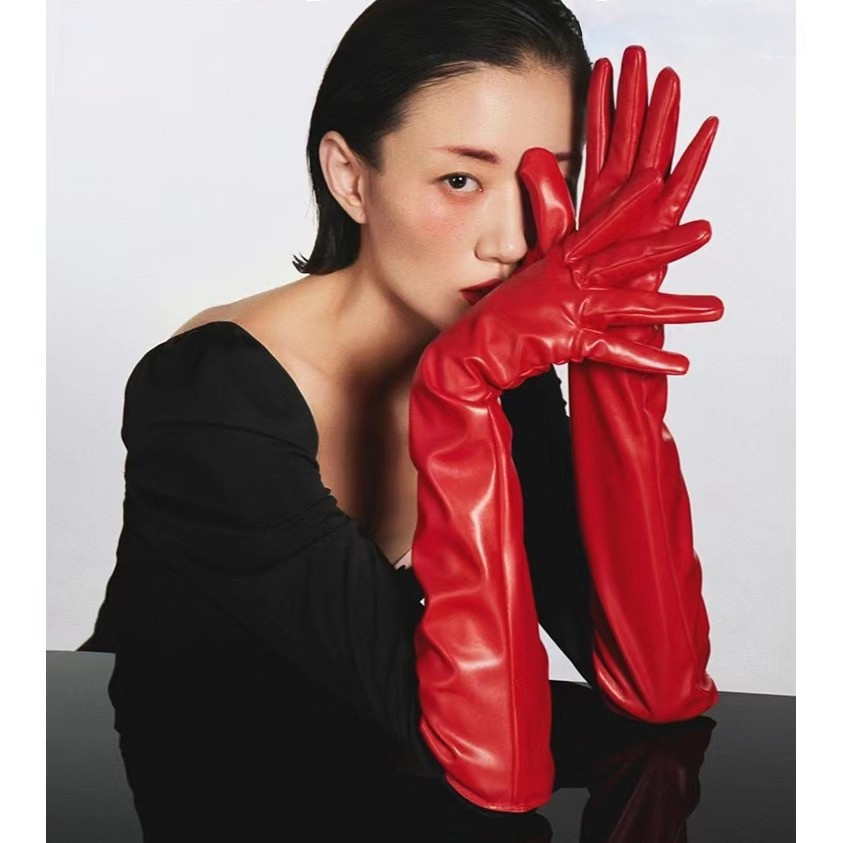 Високі рукавички жіночі із екошкіри червоний XL Київ - фото 1