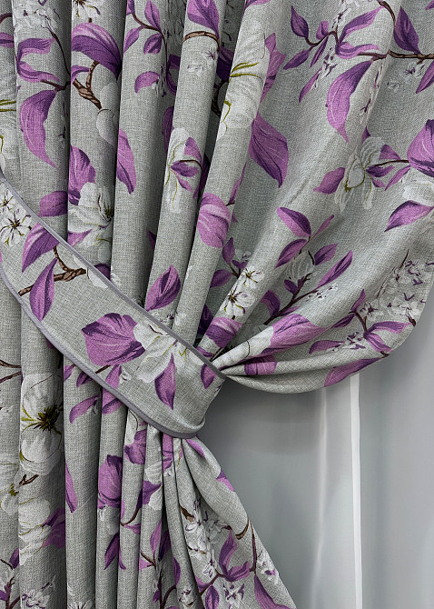 Комплект готовых штор VR-Textil Лен с цветочным принтом «Прованс» № 1820ш Серый с фиолетовым 150х265 см 2 шт (33-0806) Киев - изображение 5