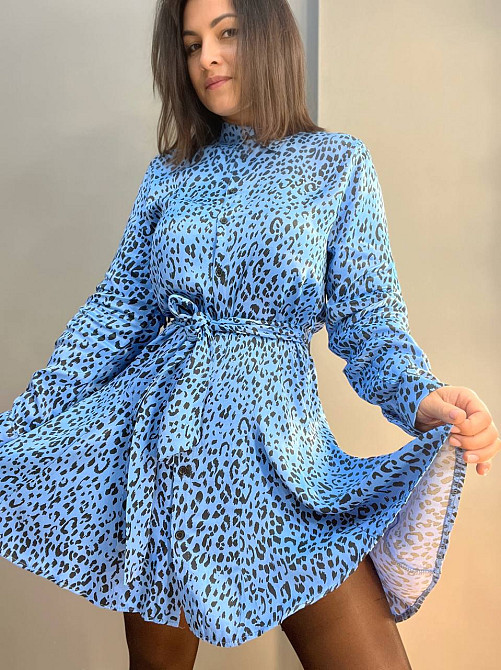 Платье женское Mix Ray 4219 леопардовый принт короткое на пуговицах с поясом голубое, голубой, S Киев - изображение 11