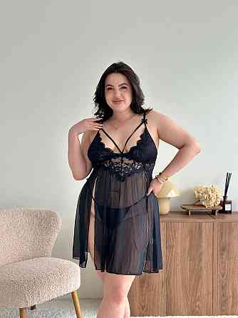Еротичний пеньюар великих розмірів plus size прозорий з мереживом короткий з м'якими чашечками на бретелях з трусиками чорний 3XL Одеса