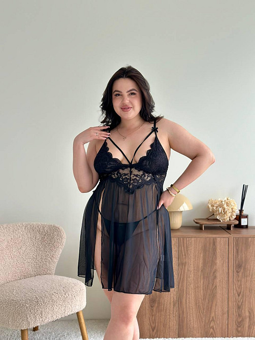 Еротичний пеньюар великих розмірів plus size прозорий з мереживом короткий з м'якими чашечками на бретелях з трусиками чорний 3XL Одеса - фото 3