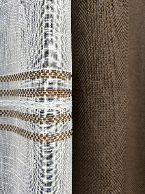 Комплект штор VR-Textil Льон Мішковина 150х270 2шт і Тюль 400х270 277ш-1429т Коричневий з білим 71-173/3 Київ - фото 5
