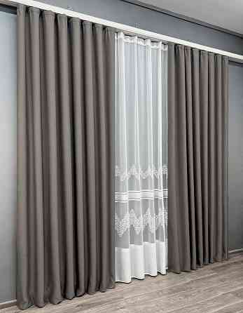 Комплект штор VR-Textil рогожка преміум TERRA LUXE 150х270 2шт і Тюль 400х270 1856ш-1704т Темно-сірий з білим 71-110/3 Київ