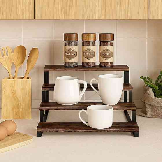 Полка для кухни и ванной комнаты многоярусная на 4 ступени деревянная,стойка ступенчатая для банок специй Каменец-Подольский