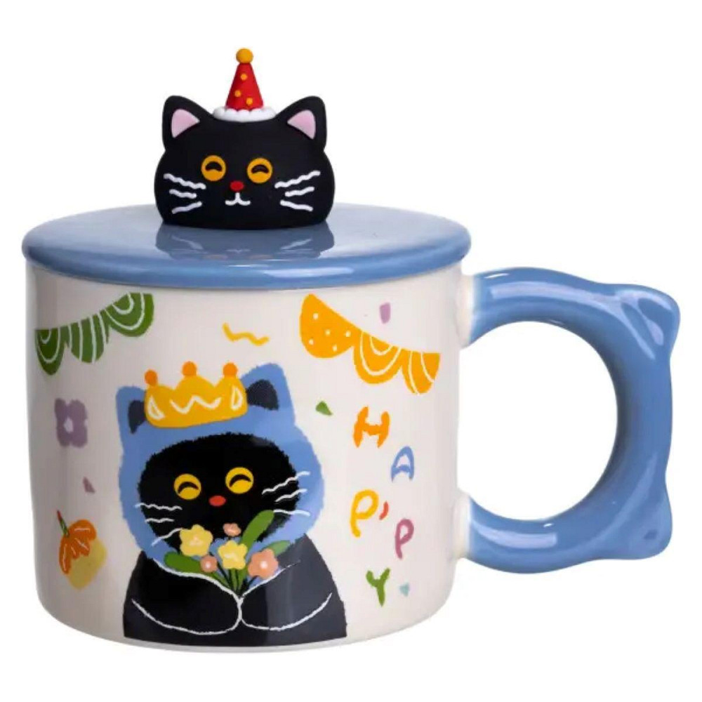 Кубок порцелянова з кришкою Kitten's Birthday 400 (мл) подарункова кружка прикольна чашка для дітей на подарунок Синій FM-24A Київ - фото 5
