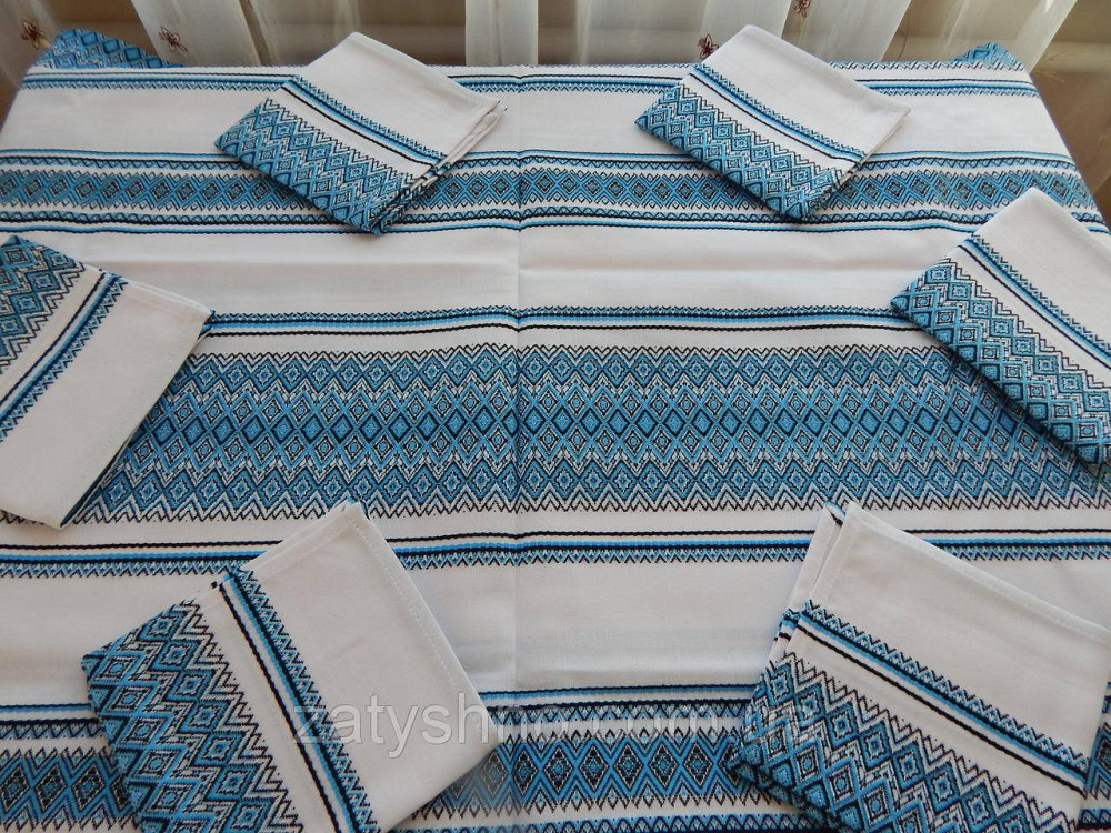 Вышитая голубая скатерть большая и салфетки Киев - изображение 2