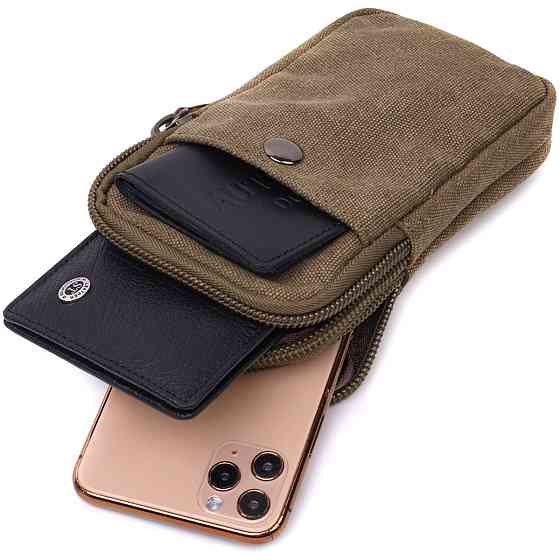 Компактная сумка-чехол на пояс с металлическим карабином из текстиля Оливковый (Vintage) Киев