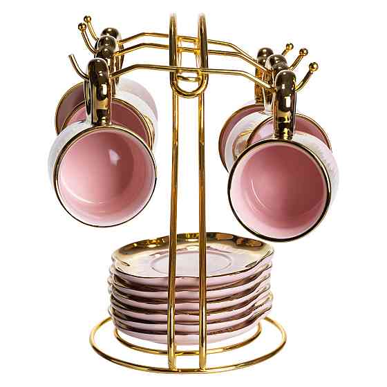 Набір чашок для кави на металевій підставці 6 (шт) по 100 (мл) подарунковий кавовий сервіз набір чашок Розовий із золотом FM-48 Коломия