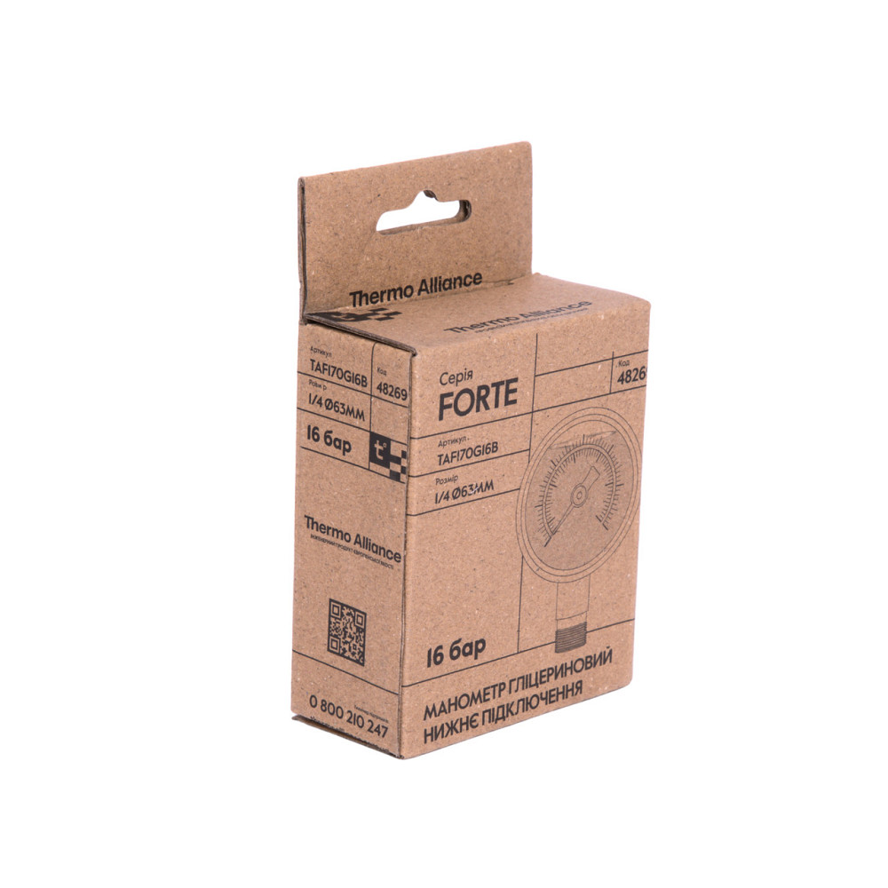 Манометр гліцериновий Thermo Alliance Forte d63 мм, 1/4"Н із нижнім під'єднанням (латунь) 0–16 барів TAF170G16B Київ - фото 7