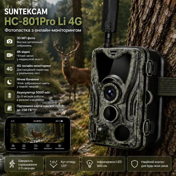 Фотоловушка Suntekcam HC-801Pro Li 4G 30 Мп 4K, аккумулятор 5000 мАч, онлайн-мониторинг, ночное видение, поддержка карты памяти Киев