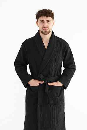 Мужской вафельный халат Ideal Textile длинный черный (56861156) Черновцы