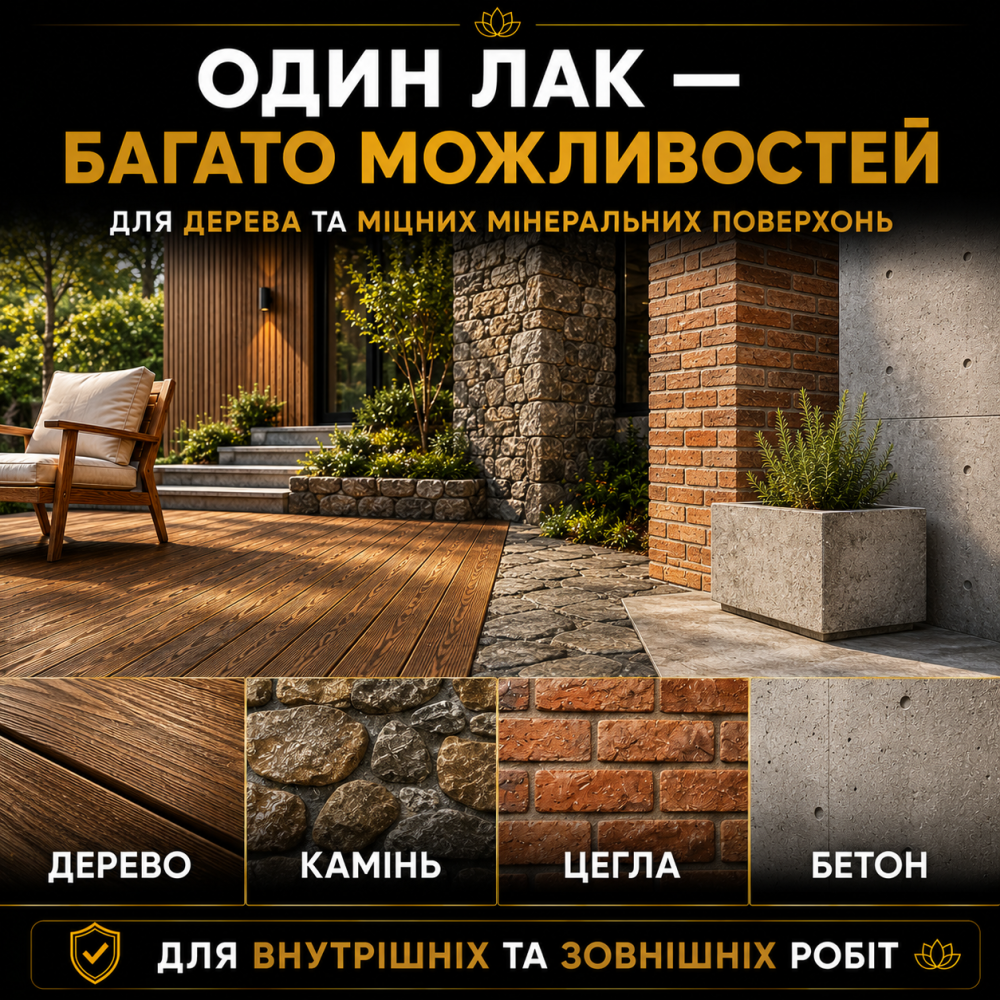 Лак універсальний акриловий LOTUS прозорий глянцевий без запаху зносостійкий для дерева, каменю, бетону та інших поверхонь 3 л Харків - фото 13