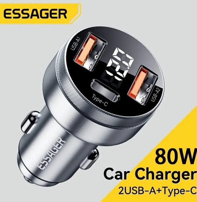 Автомобільне зарядне з вольтметром 80W 2USB, 1Type-C Essager Київ - фото 1