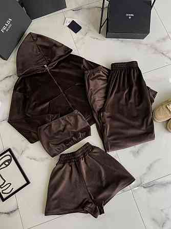Жіночий прогулянковий костюм четверка: худі, топ, шорти та штани турецький велюр спорт Шоколадний Одеса