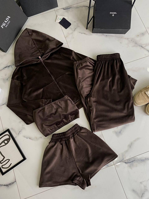 Женский прогулочный костюм четверка: худи, топ, шорты и штаны турецкий велюр спорт Шоколадный Одесса - изображение 2