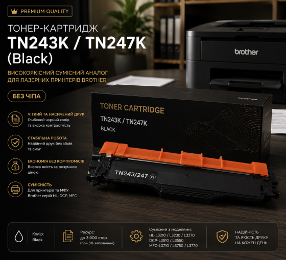 Совместимый тонер-картридж Brother TN243K / TN247K (Black) — Высококачественный аналог для лазерных принтеров Brother (Без чипа) Киев