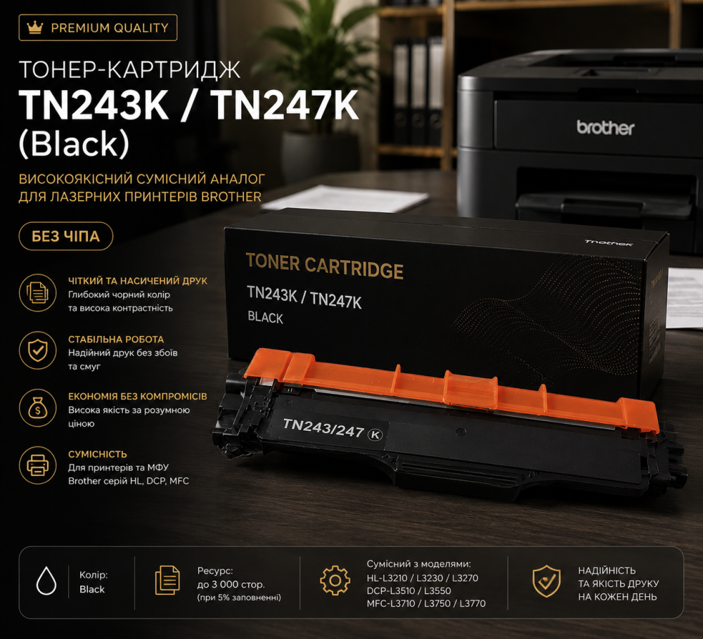 Сумісний тонер-картридж Brother TN243K / TN247K (Black) — Високоякісний аналог для лазерних принтерів Brother (Без чіпа) Київ - фото 4