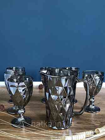 Набір 6 шт. келихів + глечик 1 л. «Дзеркальний Смарагд» 300 мл графітовий колір Київ