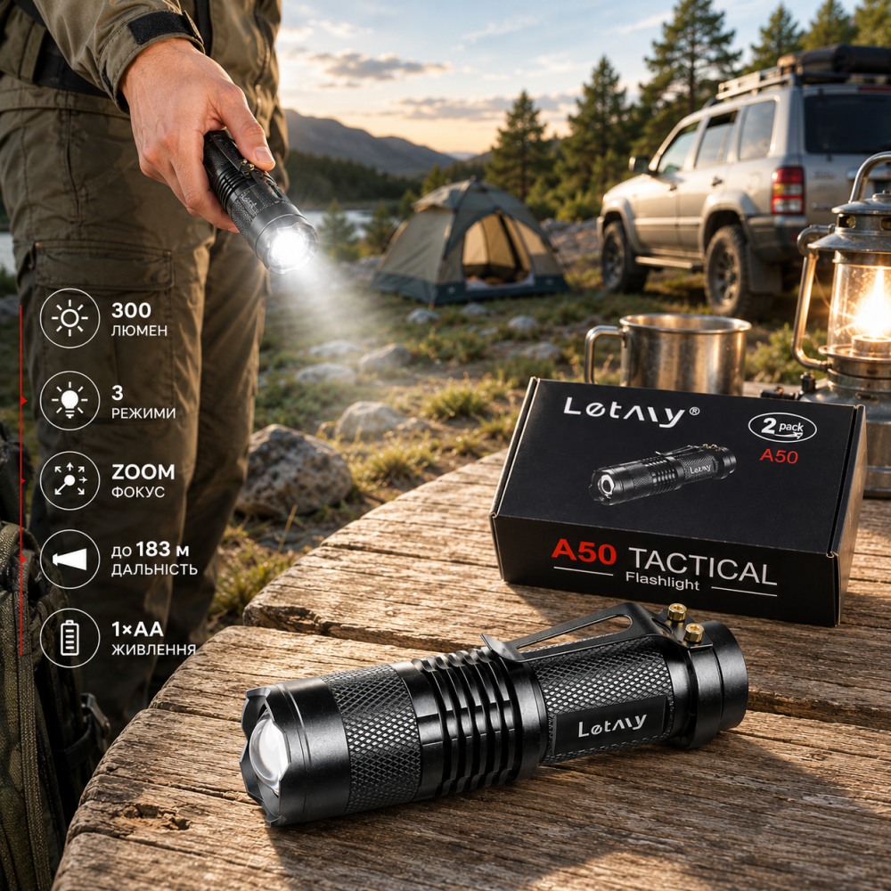Комплект фонариков LETMY 2 шт., LED 300 лм, 3 режима, Zoom-фокус, до 183 м, алюминиевые, 1×AA, черные Киев - изображение 8