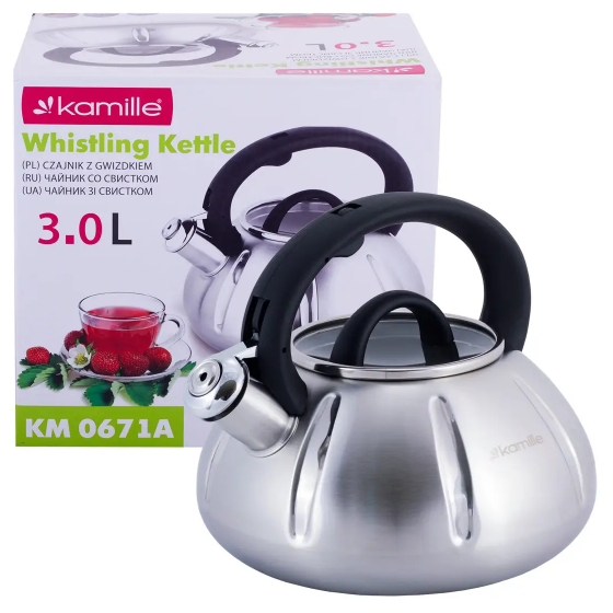 Чайник 3л нержавіюча сталь зі свистком зі скляною кришкою (ручка:чорний) 0671A KAMILLE Житомир - фото 2