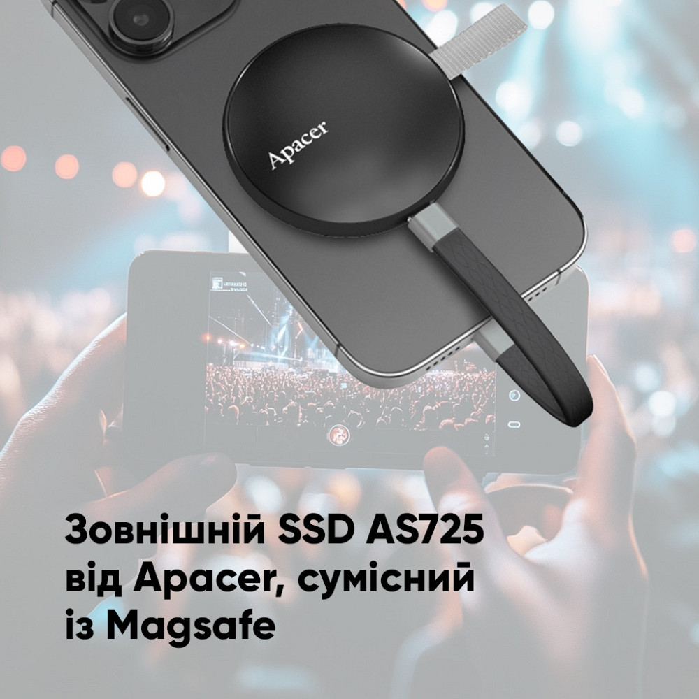 Портативний SSD Apacer Magnetic AS725 1 TB USB 3.2 Gen.2 Type-C MagSafe Black Одеса - фото 6