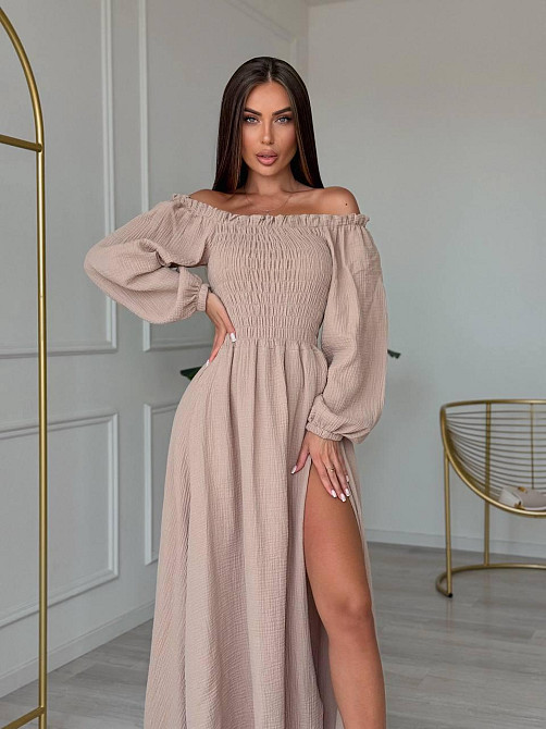 Жіноче романтичне плаття максі з натуральної тканини муслін 100% бавовна Беж, 46/48 Одеса - фото 7