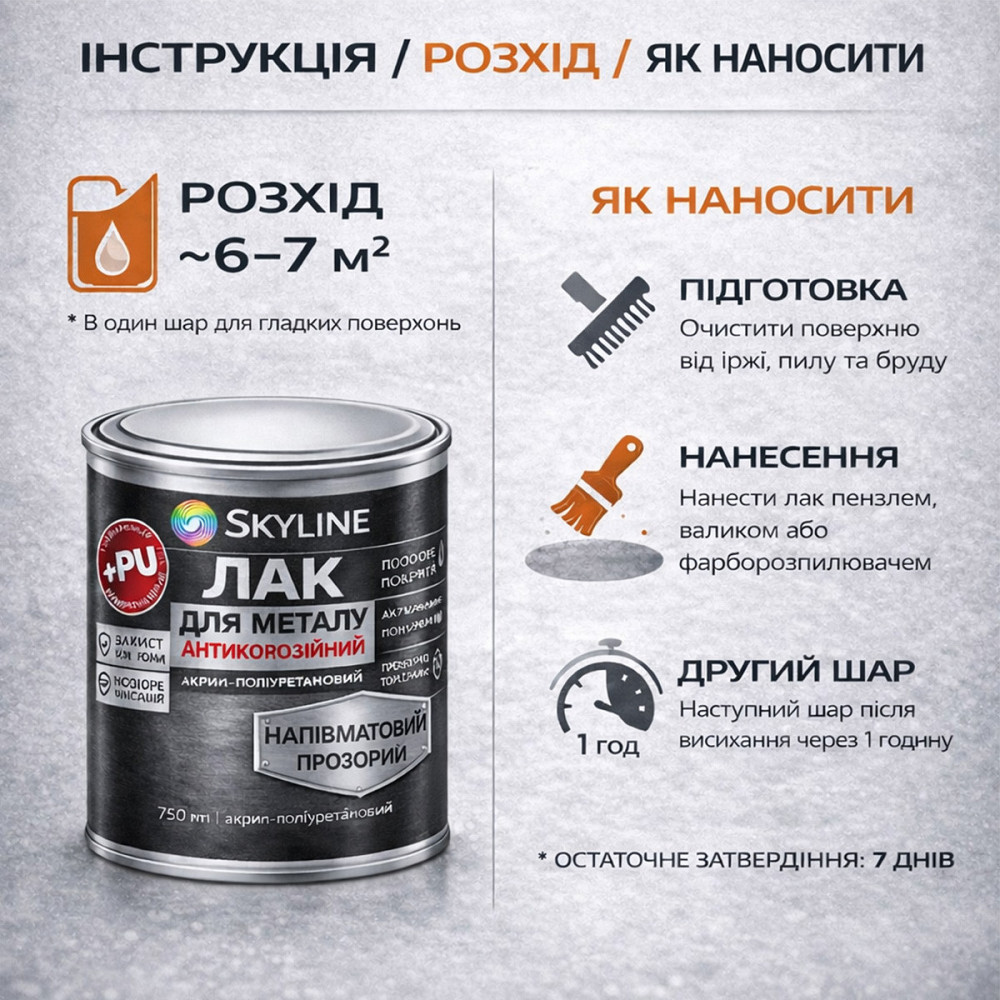 Лак для металу Skyline напівматовий прозорий акрил-поліуретановий антикорозійний без запаху 750 мл Харків - фото 7