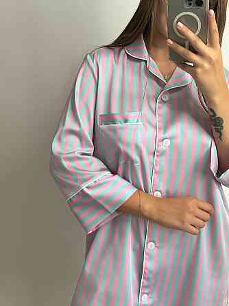 Жіноча нічна сорочка сатинова Блакитно-рожевий смужка XL Харків