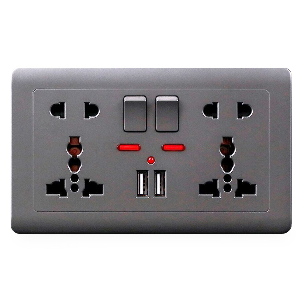 Універсальна розетка Delviz DZ-E4-11 сіра 250V 13A з 2×USB-A, кнопками живлення й індикаторами. Сумісна з усіма типами вилок Миколаїв - фото 1