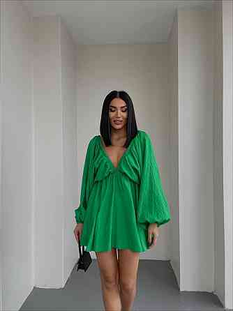 Женское легкое мини платье свободного кроя креп жатка Зелёный Одесса