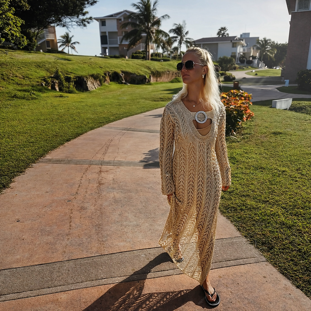 Платье-накидка пляжная бежевая золотистая полупрозрачная поверх купальника или платья, с разрезом, приталенная S Киев - изображение 11