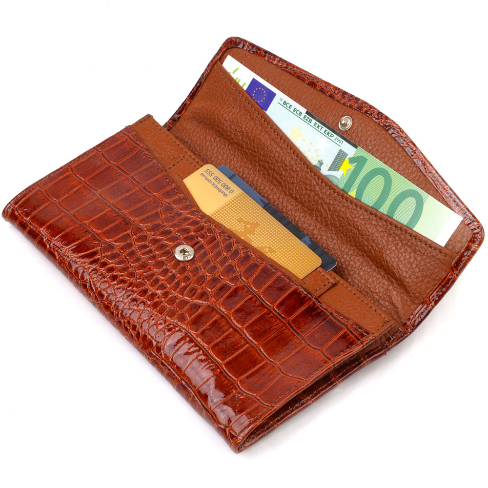 Женское портмоне из лакированной натуральной кожи с тиснением под крокодила CANPELLINI 21704 Коричневое Киев - изображение 5