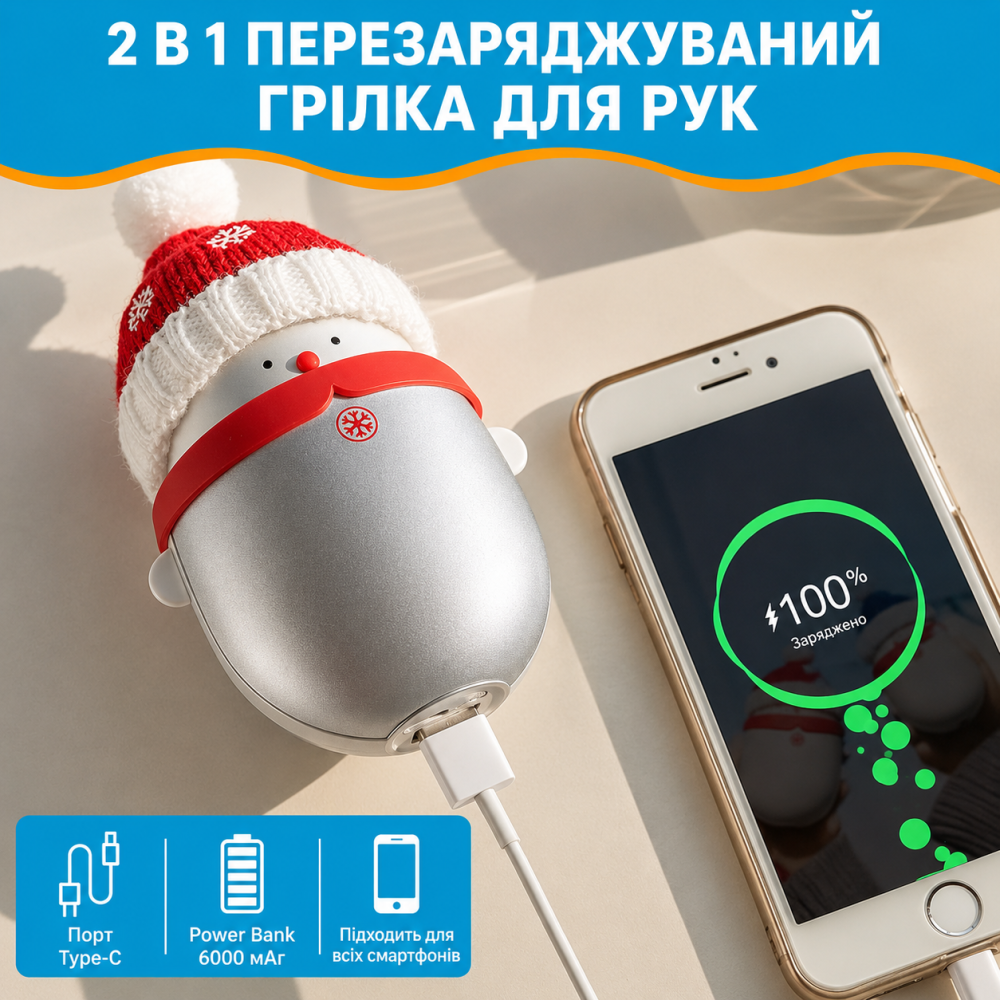 Аккумуляторная грелка для рук LIHUZMD Снеговик 2в1 6000 мАч, Power Bank, 2 режима 47–60°C, быстрый нагрев, Red Киев - изображение 17