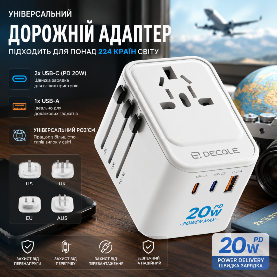 Travel Adapter Универсальный дорожный адаптер Decqle Международный переходник розетки 2xUSB-C PD 20W + USB-A для США, ЕС, Британии Киев