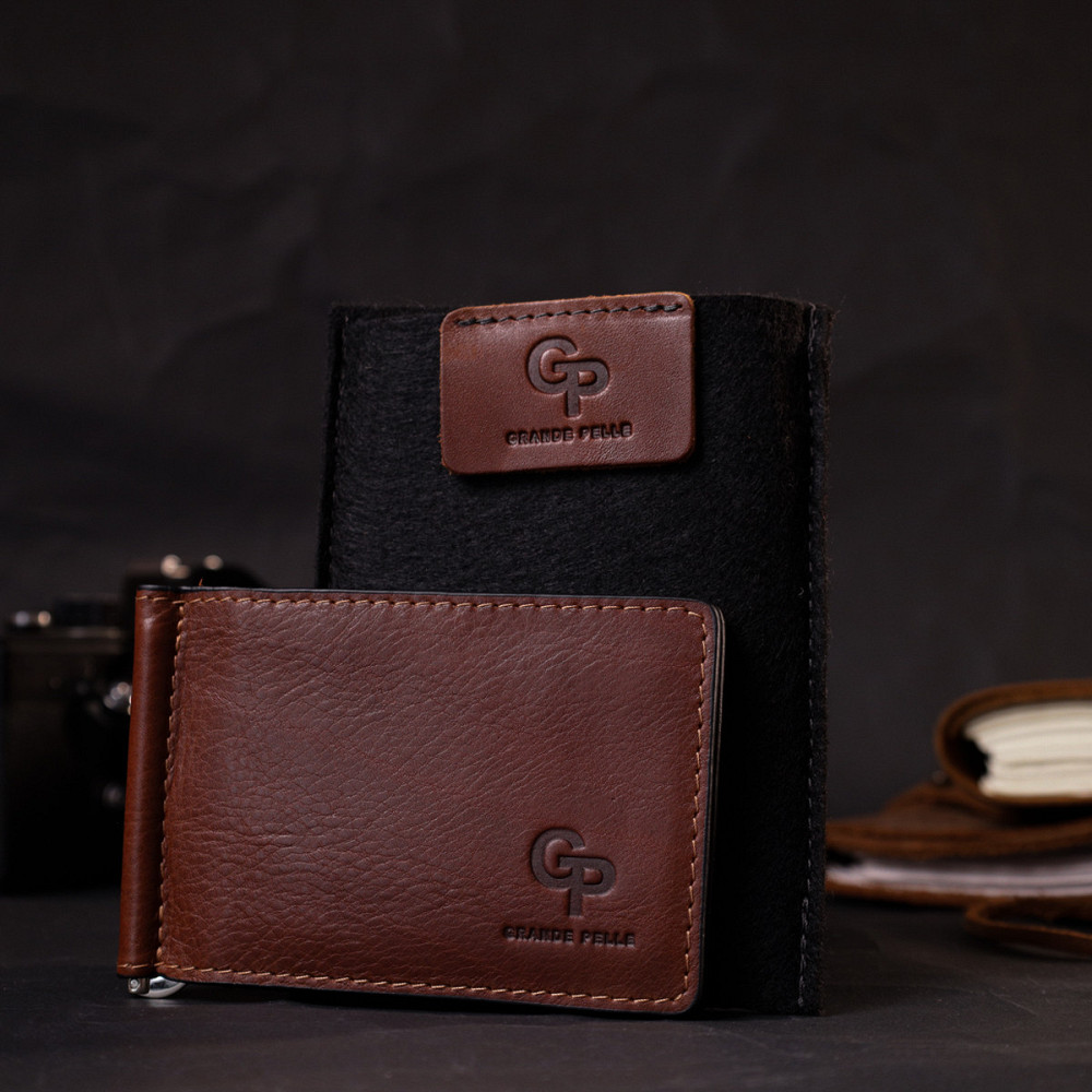 Надійний шкіряний затискач для грошей Коричневий (GRANDE PELLE) Київ - фото 4