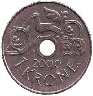 Птица на виноградной лозе. Монета 1 крона. 2000,03,1999 год, Норвегия. (БД) Полтава