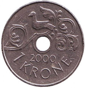 Птица на виноградной лозе. Монета 1 крона. 2000,03,1999 год, Норвегия. (БД) Полтава - изображение 1