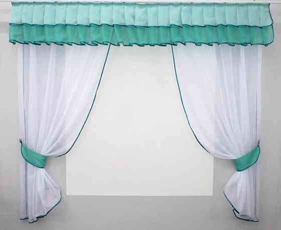 Кухонный комплект VR-Textil № 00к шторки с ламбрекеном белый с бирюзовым 200х170 см (59-818) Киев