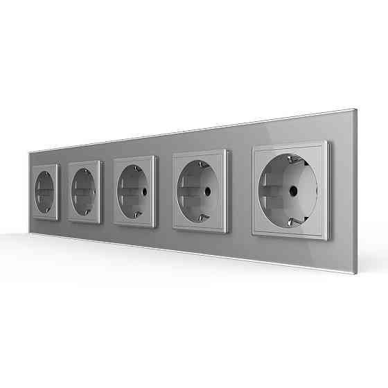 П’ятимісна електрична розетка з заземленням LIVOLO, сіра, скляна рамка, шторки, 250В 16А (VL-C7C5EU-15) Коломыя